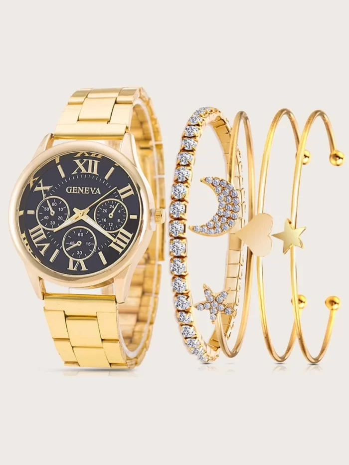 1pc Round Pointer Quartz Watch & 4pcs Bracelet