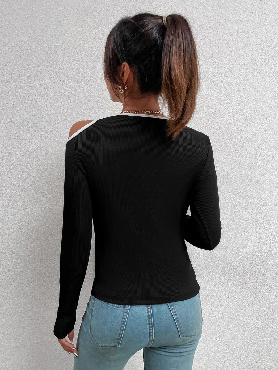 Asymmetrical Neck Rib-knit Tee - Image 2