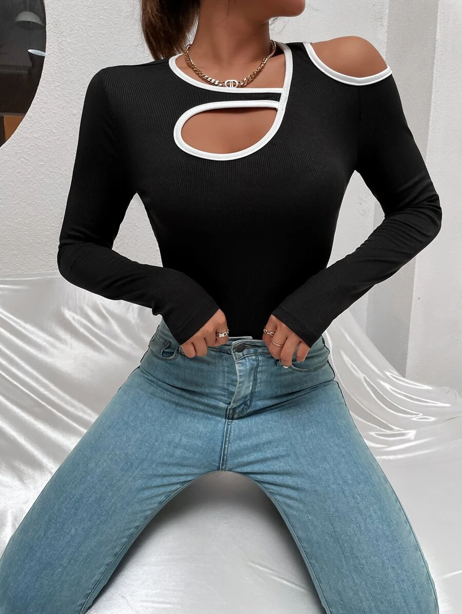 Asymmetrical Neck Rib-knit Tee - Image 4