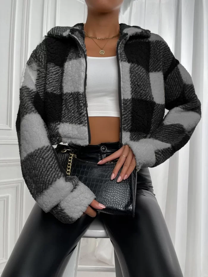 Buffalo Plaid Print Drop Shoulder Zip Up Jacket