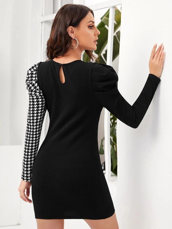 SHEIN Houndstooth Puff Sleeve Keyhole Back Bodycon Dress - Image 2