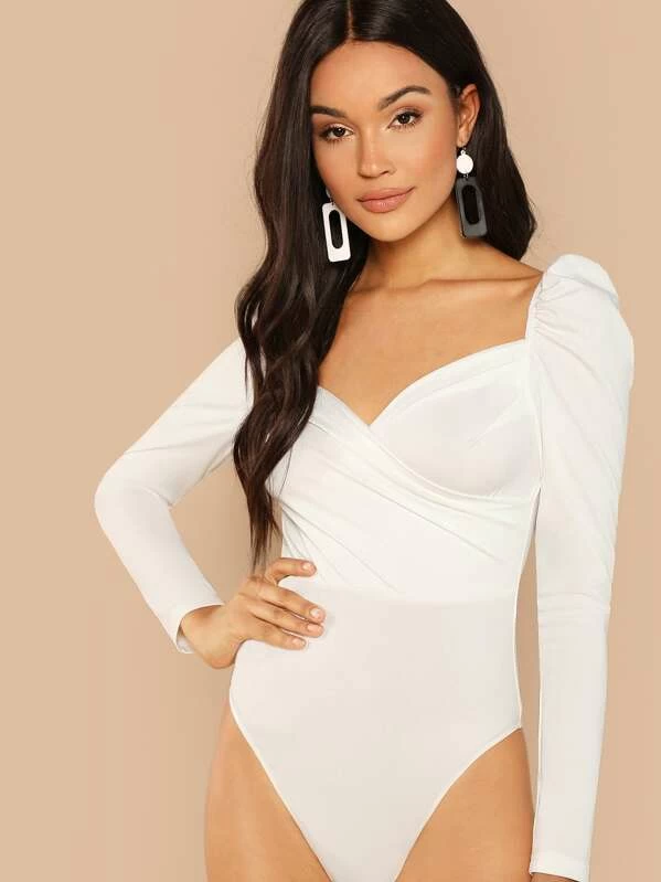 SHEIN Puff Sleeve Surplice Neck Ruched Bodysuit