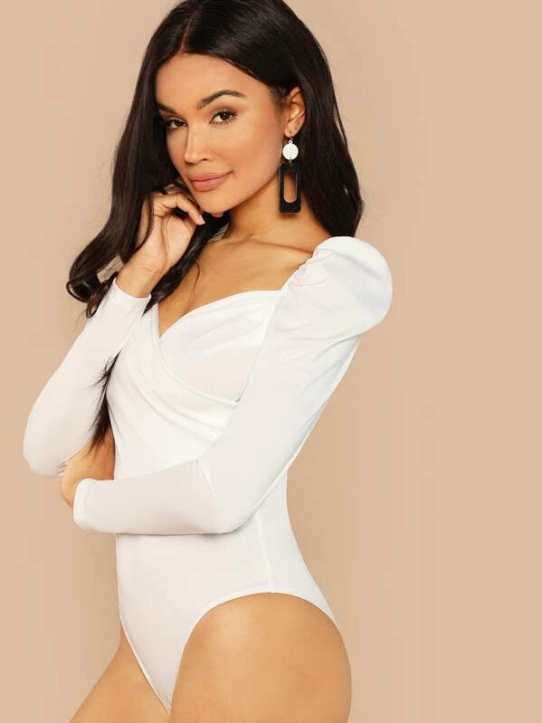 SHEIN Puff Sleeve Surplice Neck Ruched Bodysuit - Image 3