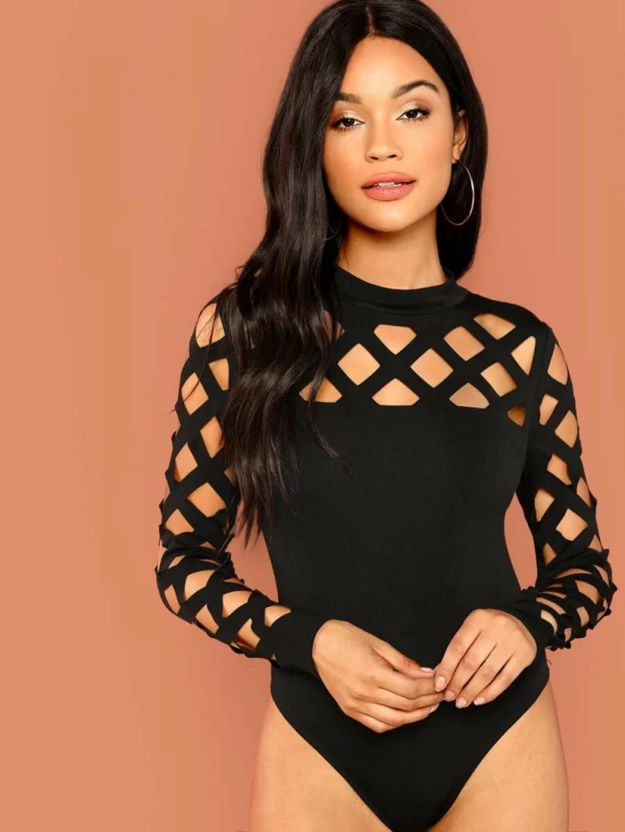 SHEIN Mock Neck Geo Cut Out Bodysuit