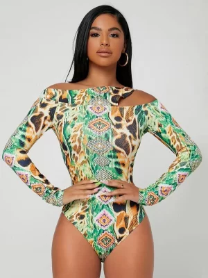 SHEIN SXY Mixed Print Asymmetrical Shoulder Bodysuit