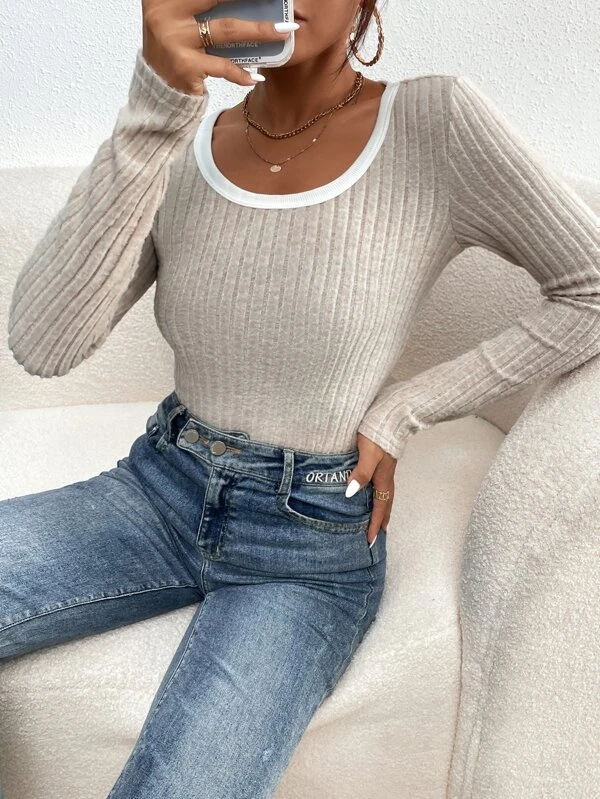 Solid Ribbed Knit Tee - Image 5