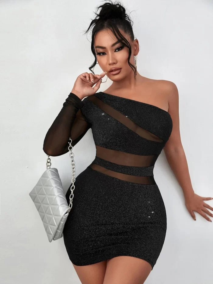 SHEIN SXY Glitter Contrast Mesh One Shoulder Dress