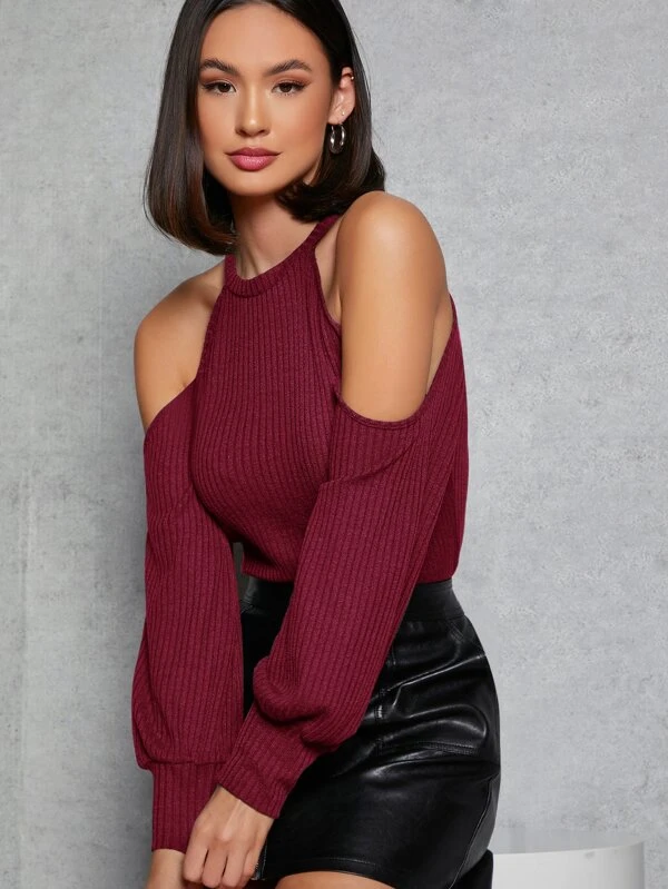 SHEIN Cold Shoulder Rib-knit Tee