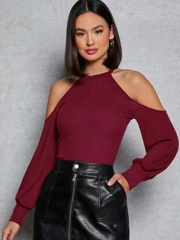 SHEIN Cold Shoulder Rib-knit Tee - Image 3