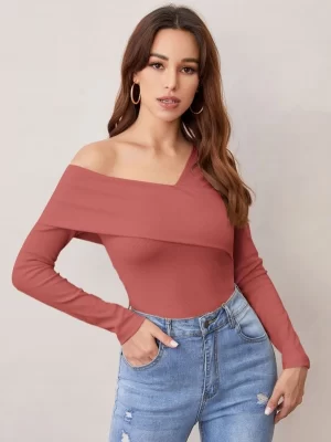SHEIN Foldover Asymmetrical Neck Solid Tee