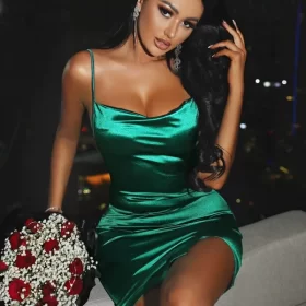 SHEIN SXY Draped Collar Slit Hem Satin Bodycon Dress