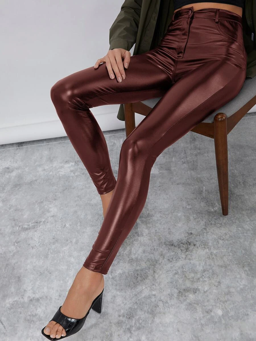 ZhiHiMeRi Women's Brown Smocked High-Waist Leather Skinny Pants
