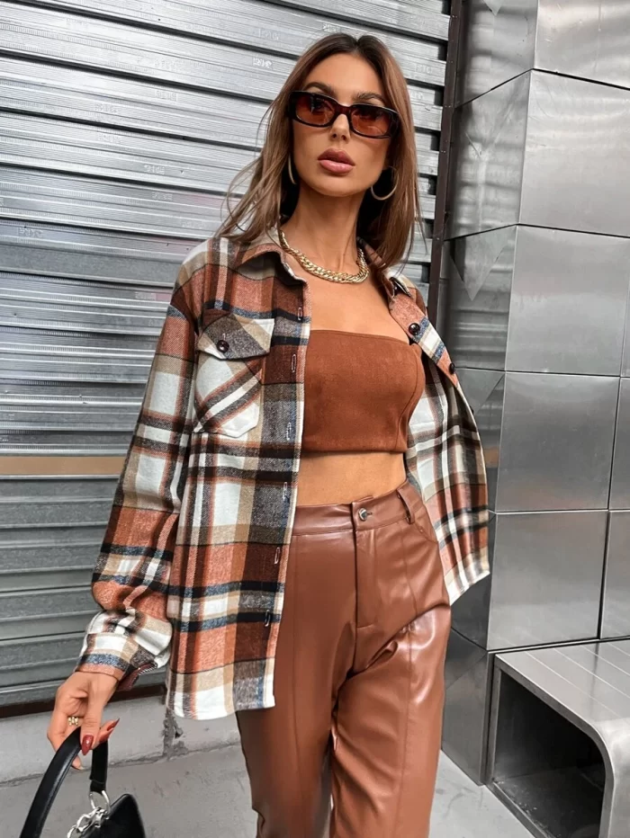 Drop Shoulder Plaid Flap Pocket Overcoat