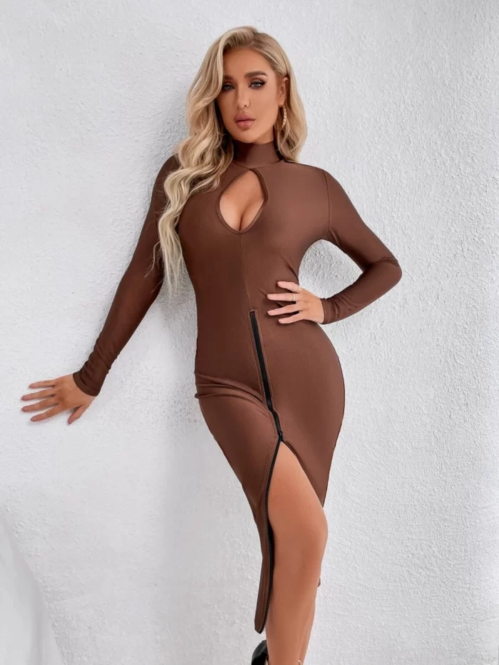 Keyhole Neck Half Zipper Hem Bodycon Dress