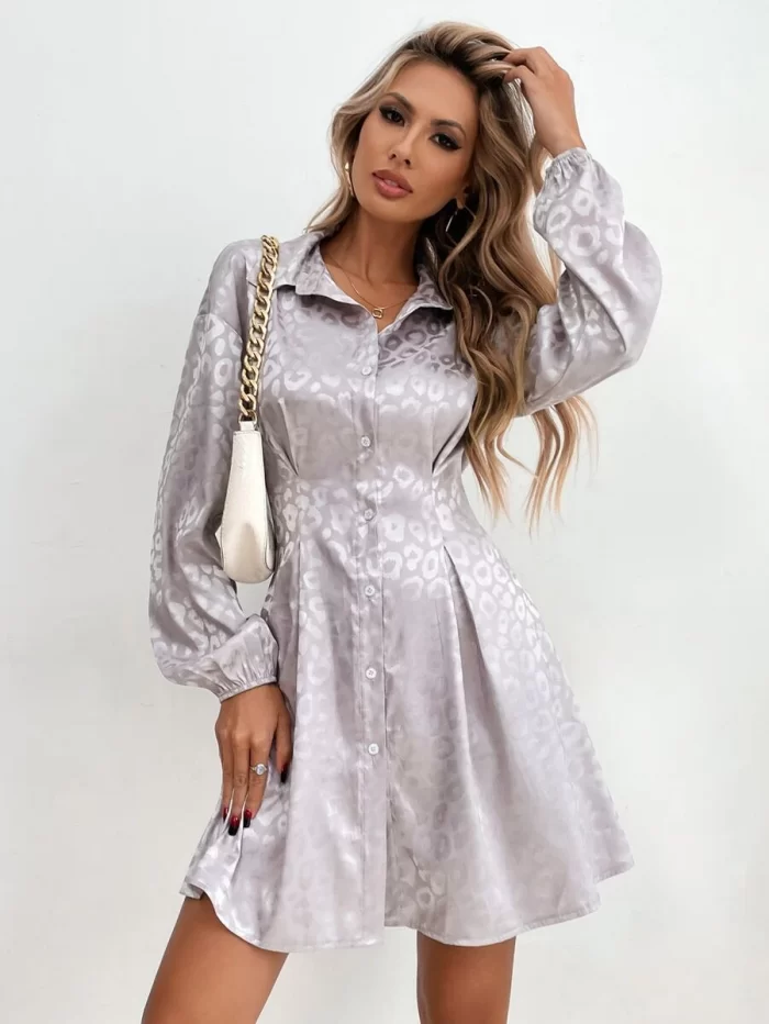 Leopard Jacquard Lantern Sleeve Plicated Detail Shirt Dress