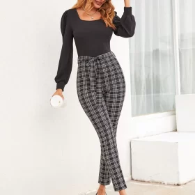 Plaid Print Puff Sleeve Belted Unitard Jumpsuit