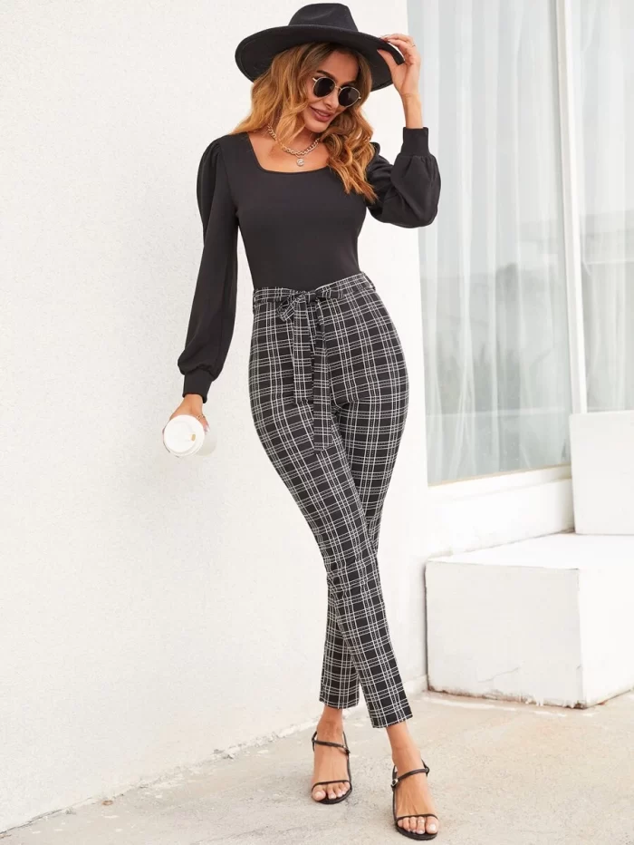 Plaid Print Puff Sleeve Belted Unitard Jumpsuit