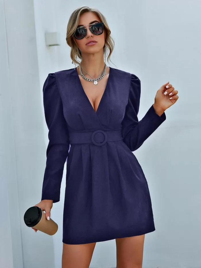 Plunging Neck Puff Sleeve Belted Dress
