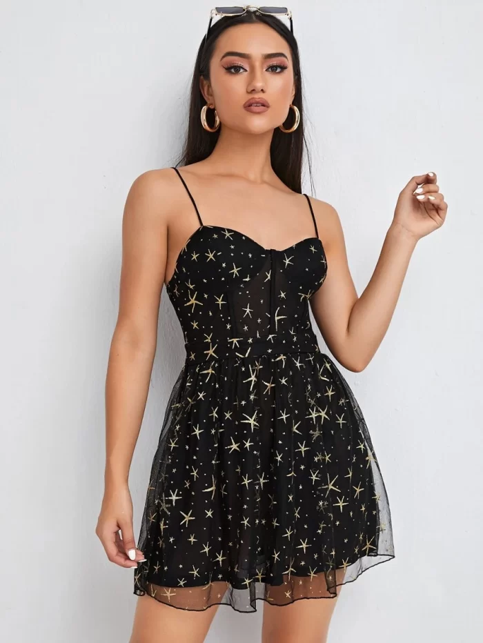 SHEIN Gold Graphic Print Mesh Cami Dress