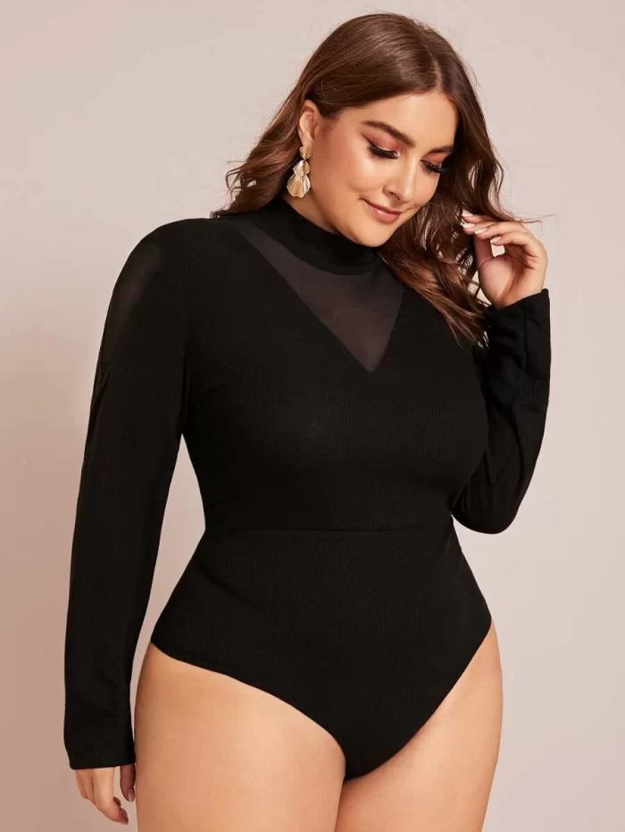 SHEIN Plus Mock-neck Mesh Insert Rib-knit Fitted Bodysuit