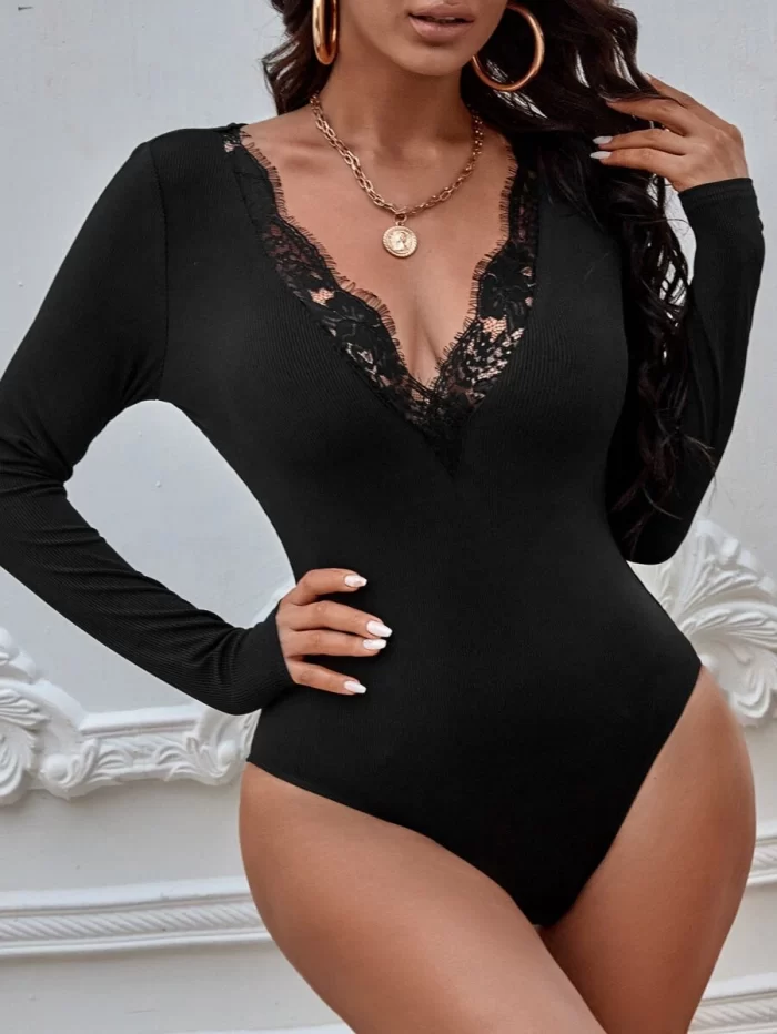 SHEIN SXY Lace Trim Plunging Neck Bodysuit