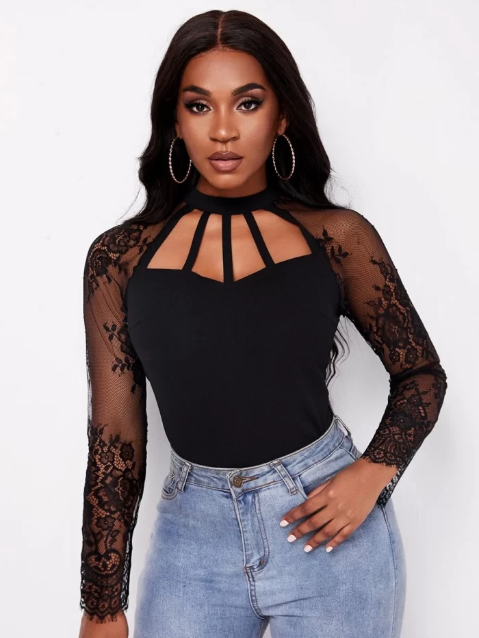 SHEIN Sheer Lace Yoke Cut-out Tee