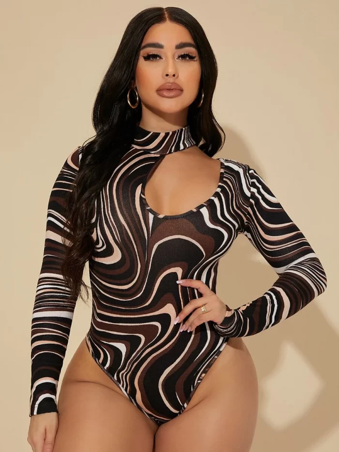 SHEIN SXY Allover Print Cut Out Asymmetrical Neck Bodysuit