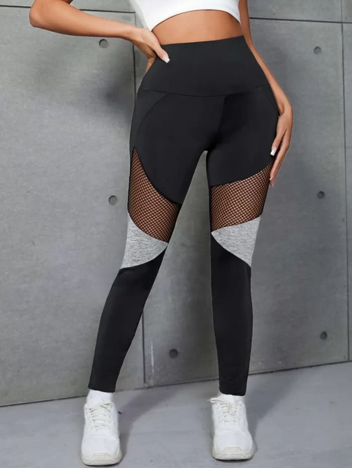 SHEIN Sheer Mesh Insert Colorblock Leggings