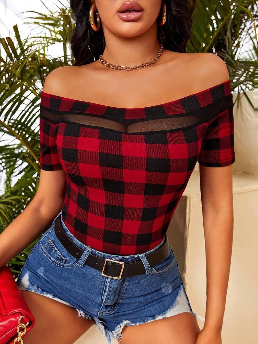 Buffalo Plaid Print Contrast Mesh Off Shoulder Tee