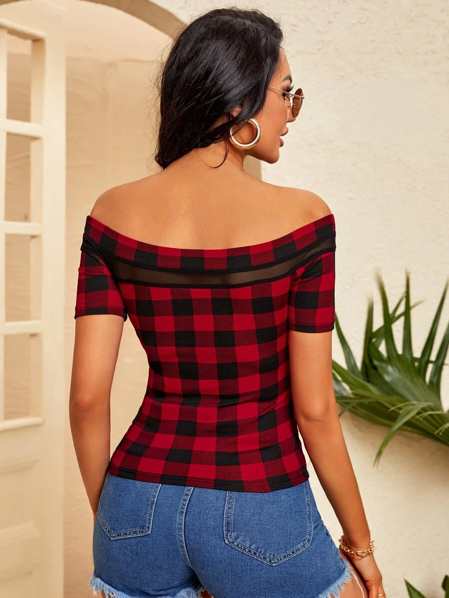 Buffalo Plaid Print Contrast Mesh Off Shoulder Tee - Image 2