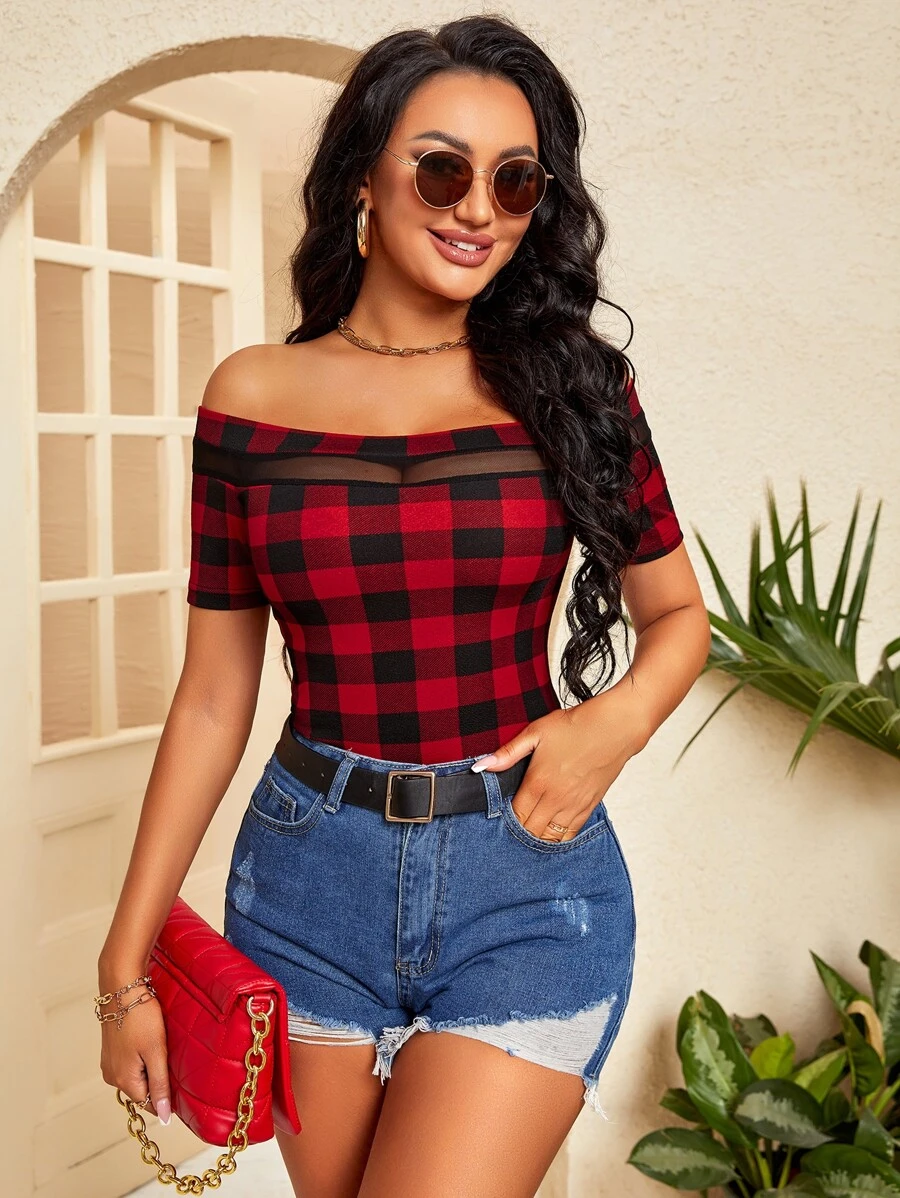 Buffalo Plaid Print Contrast Mesh Off Shoulder Tee - Image 3