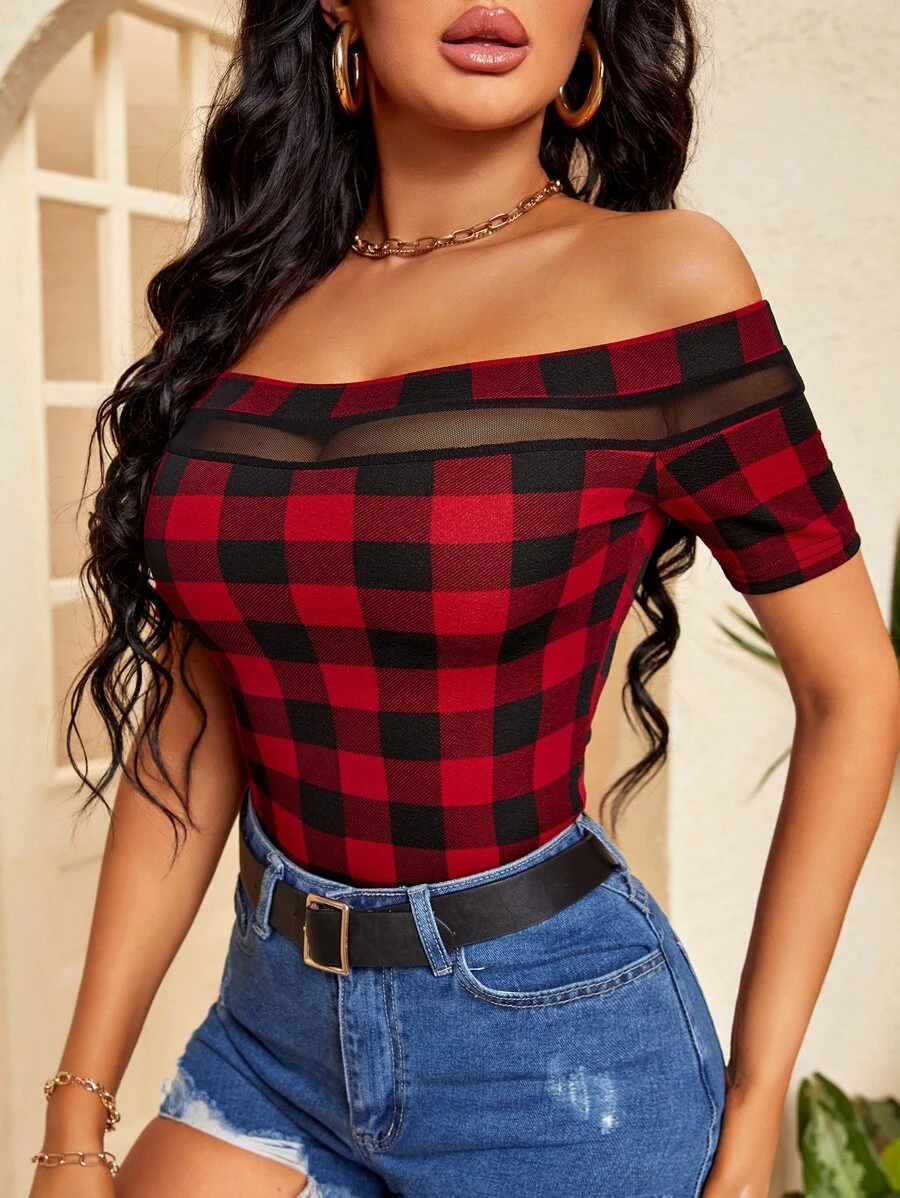 Buffalo Plaid Print Contrast Mesh Off Shoulder Tee - Image 4