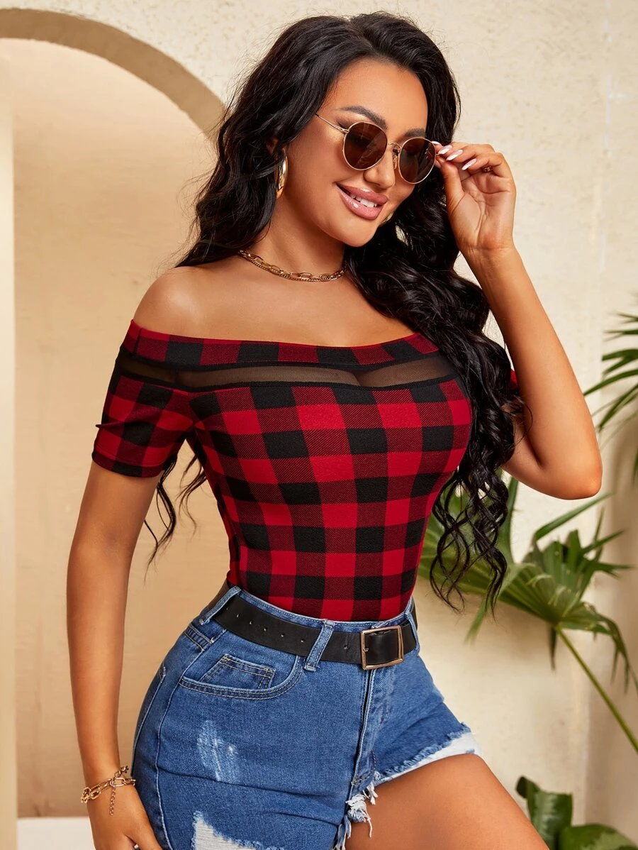 Buffalo Plaid Print Contrast Mesh Off Shoulder Tee - Image 5