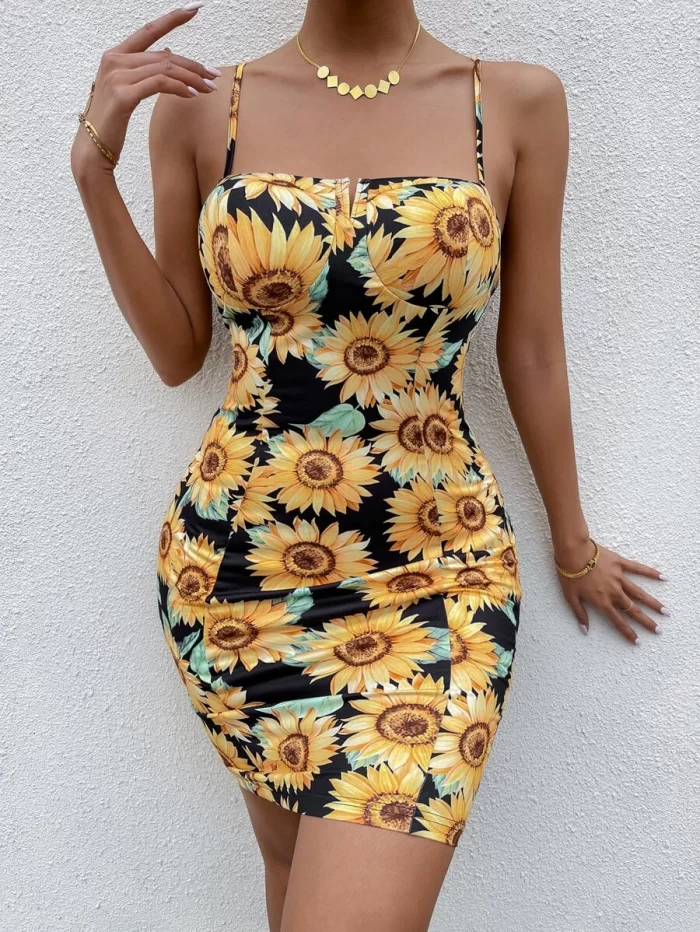 Floral Print Zip Back Notched Collar Dress