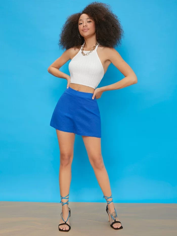 SHEIN Halterneck Tie Back Pointelle Knit Top & Shorts Set
