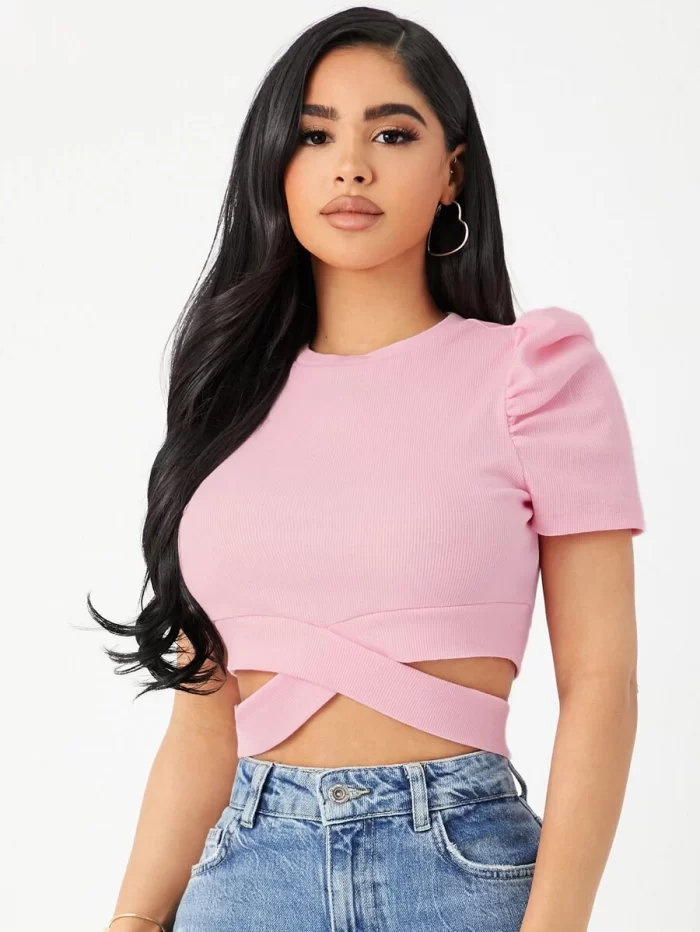 SHEIN Puff Sleeve Crisscross Hem Crop Tee