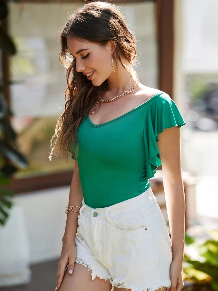 Butterfly Sleeve V Neck Tee - Image 5