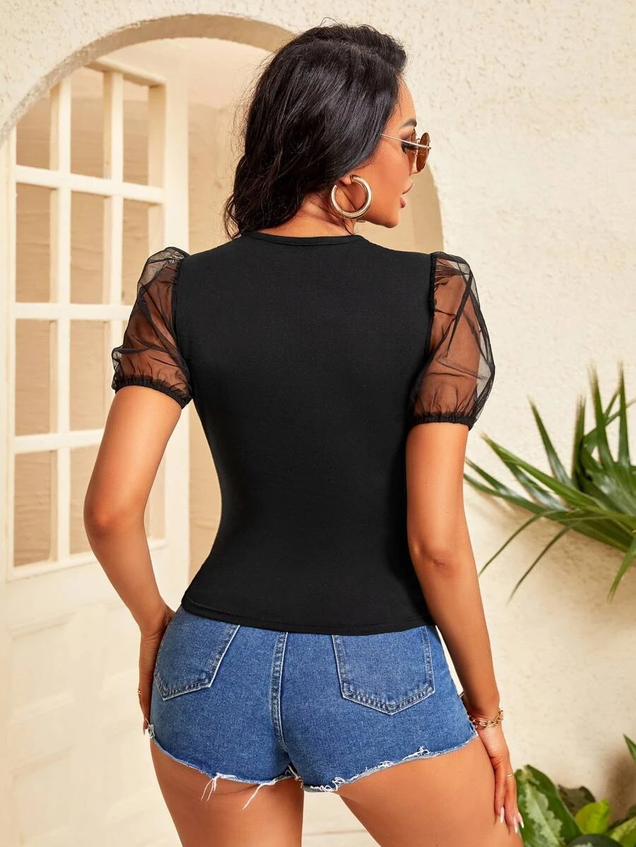 Mesh Insert Puff Sleeve Top - Image 2