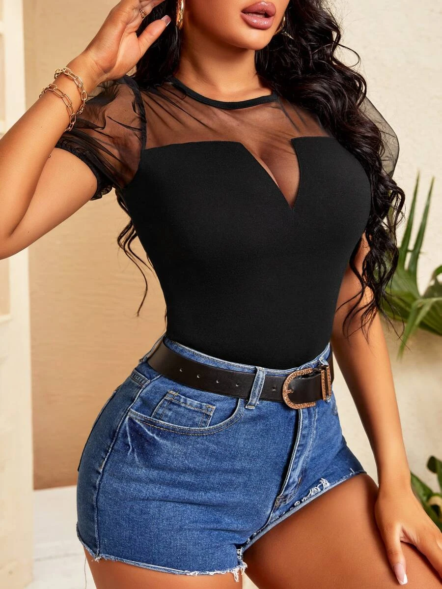 Mesh Insert Puff Sleeve Top - Image 5