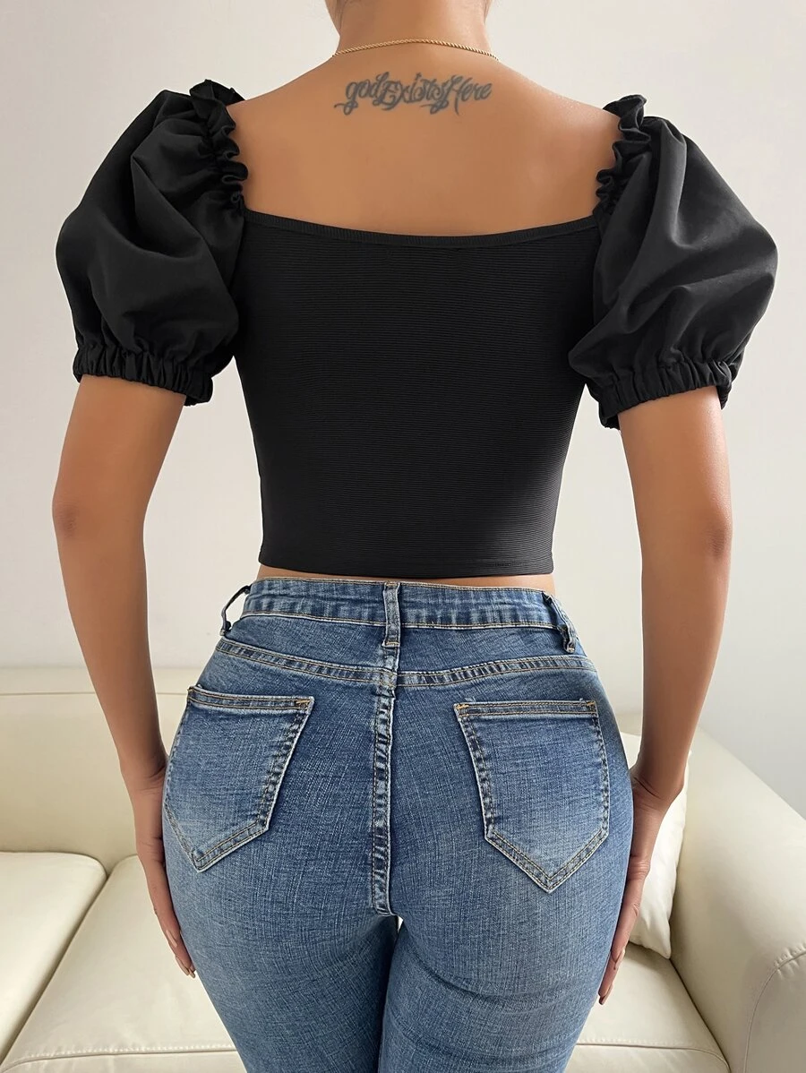 Puff Sleeve Frill Trim Top - Image 2