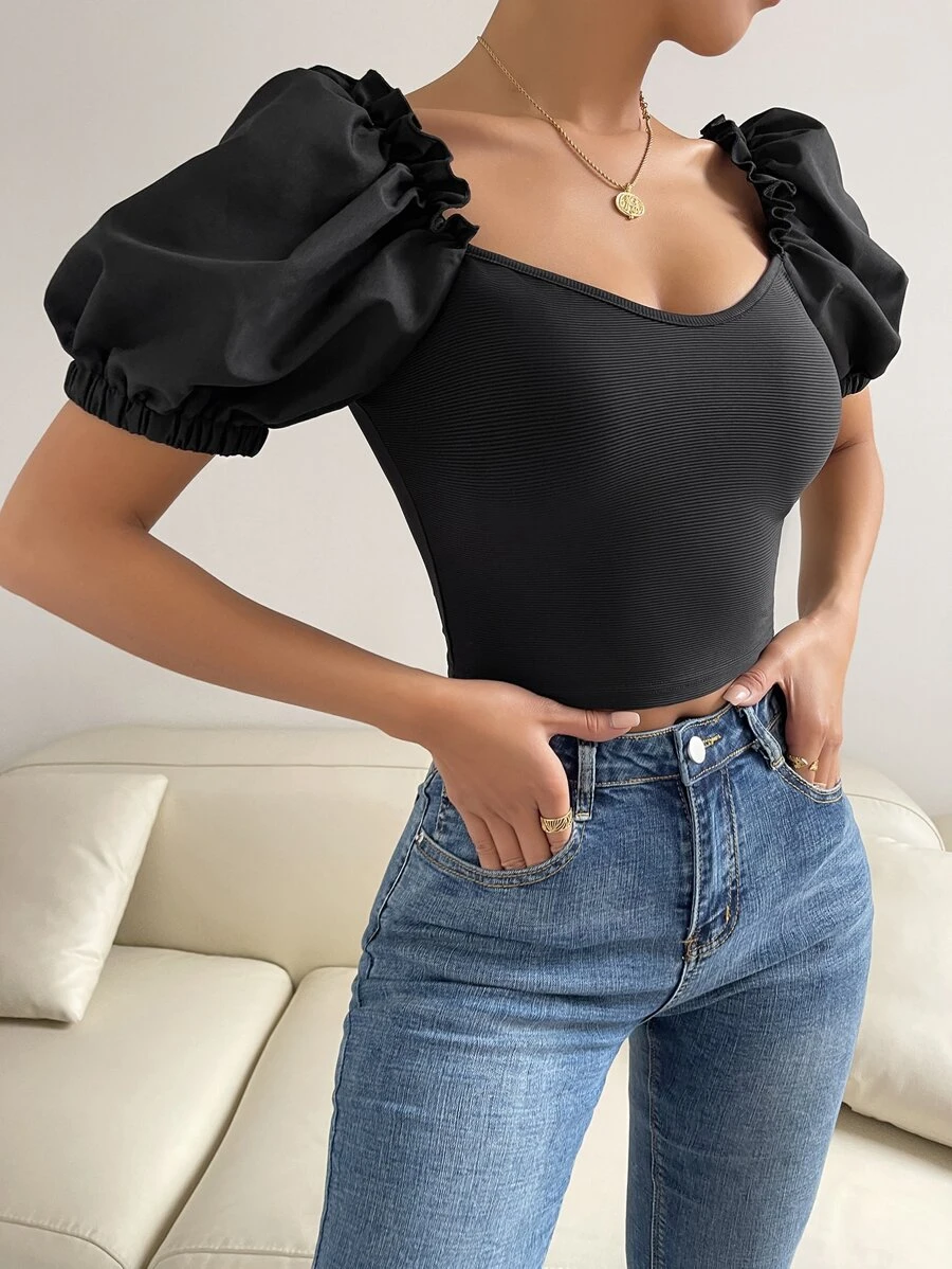 Puff Sleeve Frill Trim Top - Image 3