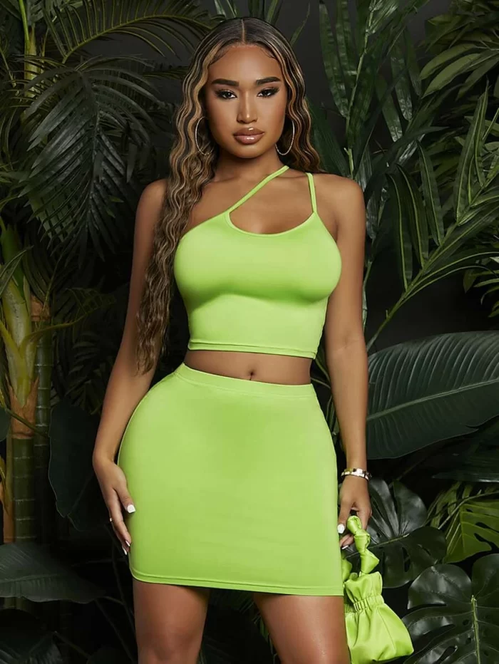 SHEIN SXY Solid Asymmetrical Neck Top & Skirt