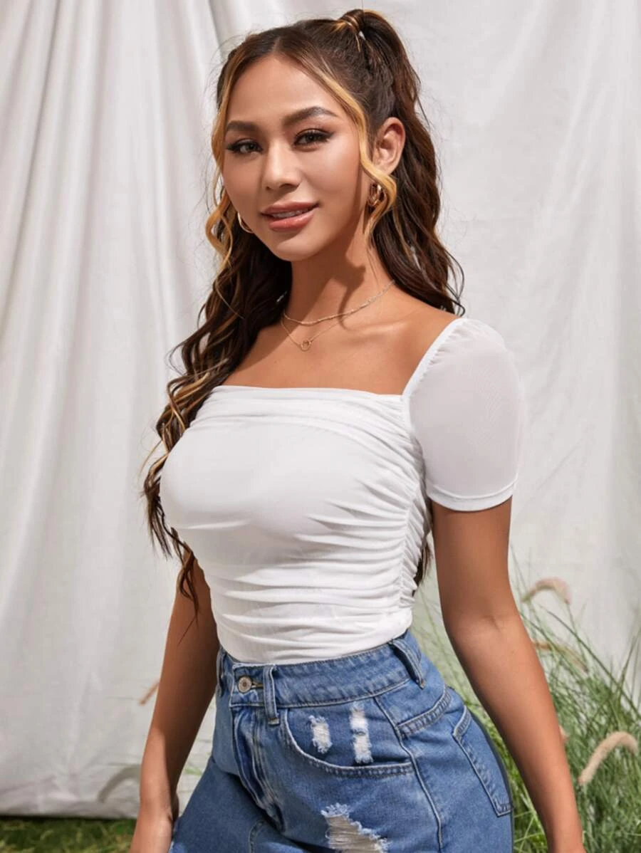 SHEIN Square Neck Mesh Sleeve Ruched Tee - Image 4