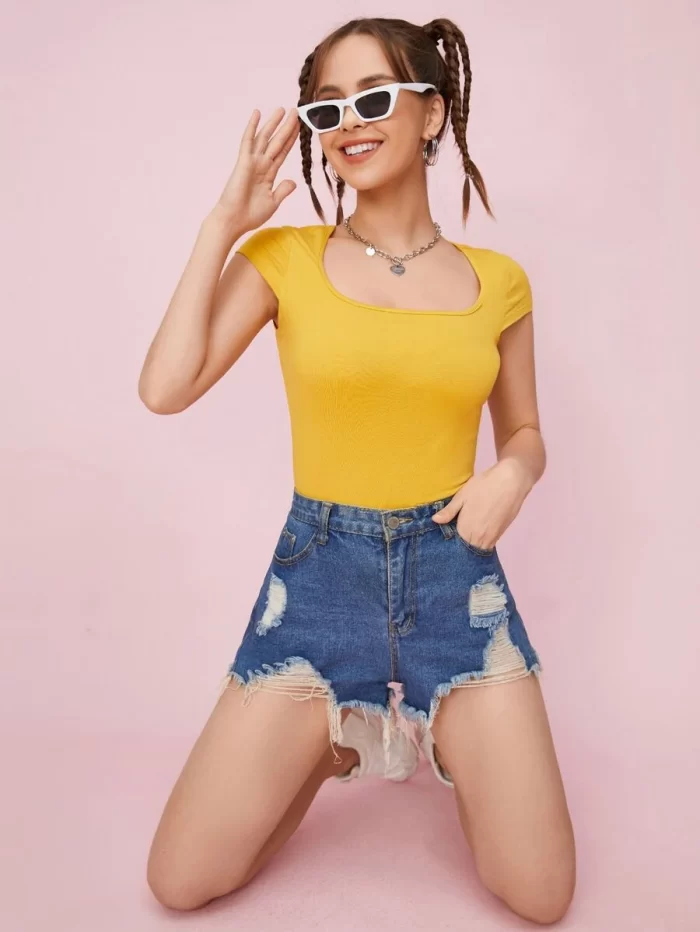 SHEIN Square Neck Solid Slim Tee