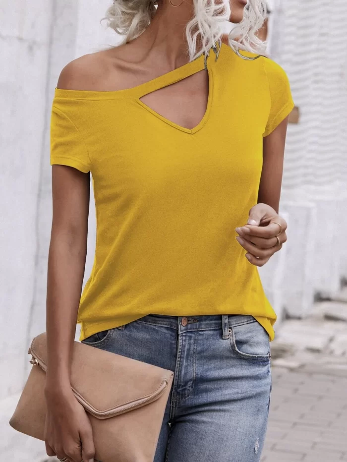 Solid Cut Out Asymmetrical Neck Tee