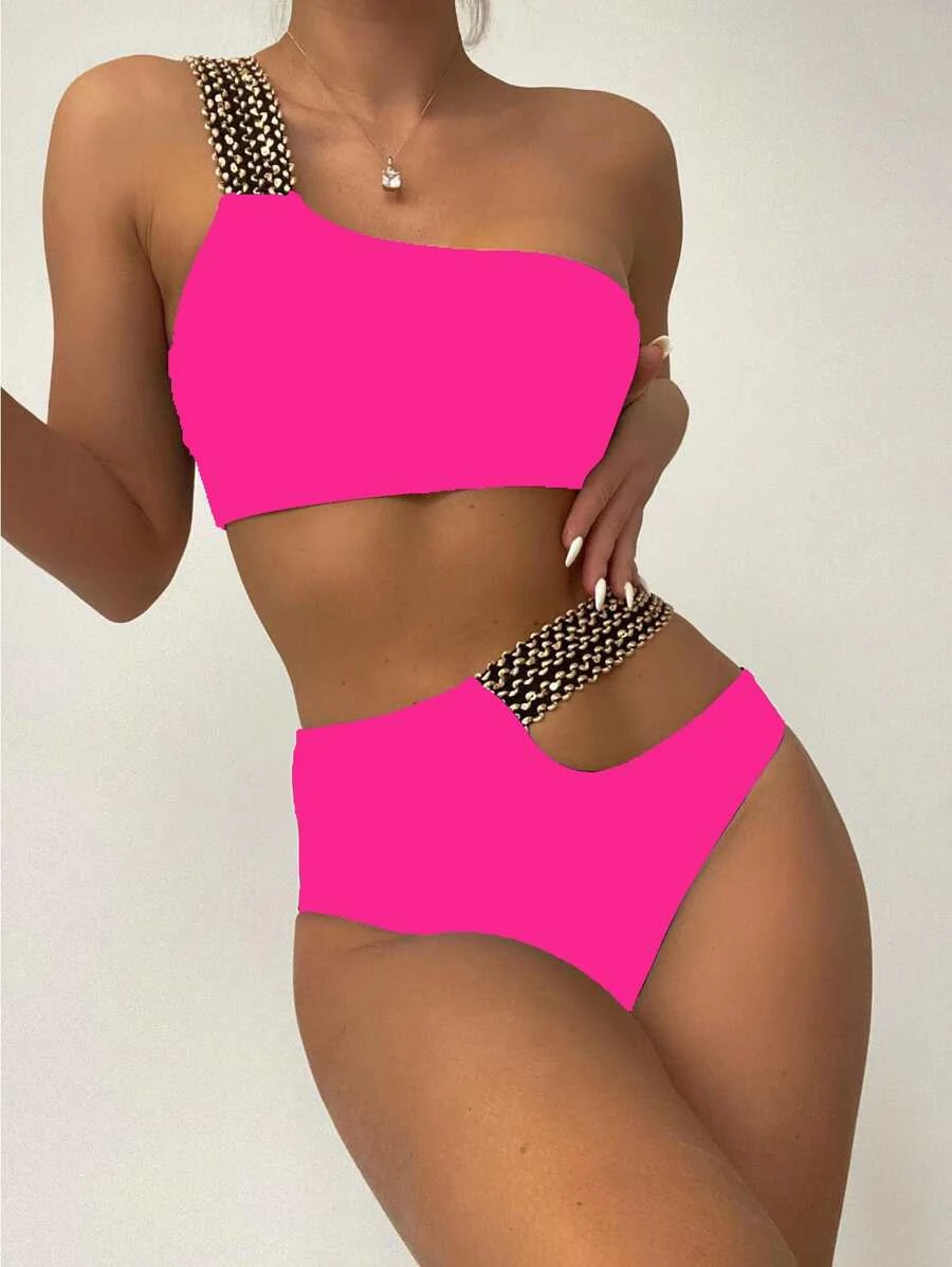 Stitch Detail Cut-out One Shoulder Bikini Swimsuit