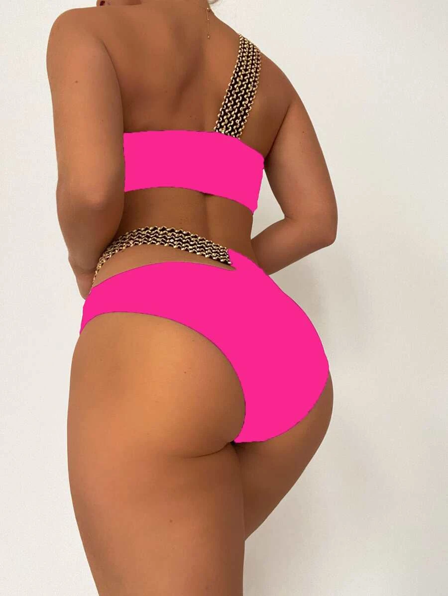 Stitch Detail Cut-out One Shoulder Bikini Swimsuit - Image 2
