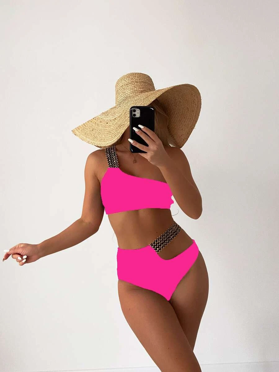 Stitch Detail Cut-out One Shoulder Bikini Swimsuit - Image 4