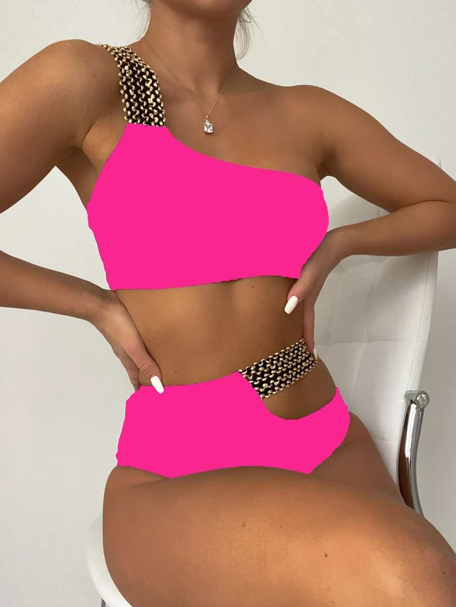 Stitch Detail Cut-out One Shoulder Bikini Swimsuit - Image 5