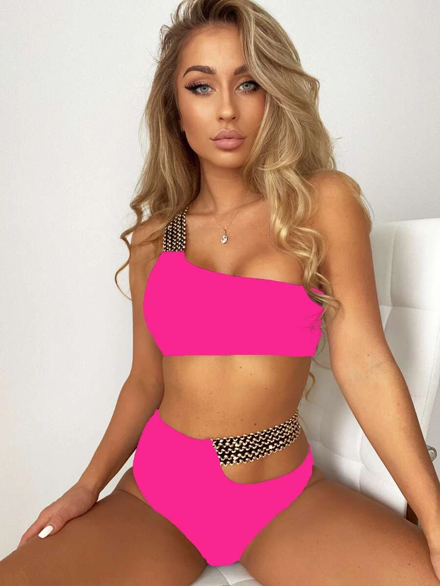 Stitch Detail Cut-out One Shoulder Bikini Swimsuit - Image 6